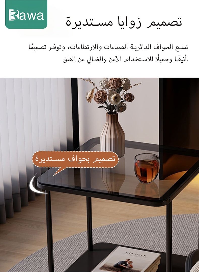 روعة طاولة جانبية زجاجية مدمجة، طاولة جانبية للأريكة، طاولة قهوة معدنية مع رف تخزين سفلي، مثالية للمساحات الصغيرة. خزانة سرير مربعة ذات طابقين، مناسبة لغرف المعيشة وغرف النوم والأرائك أو زوايا المكاتب. تركيب بسيط (إطار أبيض + زجاج بلون كهرماني). - Image 5